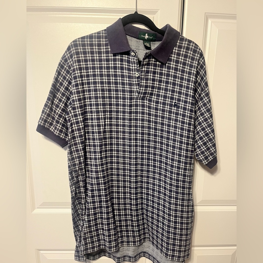 Vintage Hunt Club men's Navy and White Plaid Polo Shirt-L
